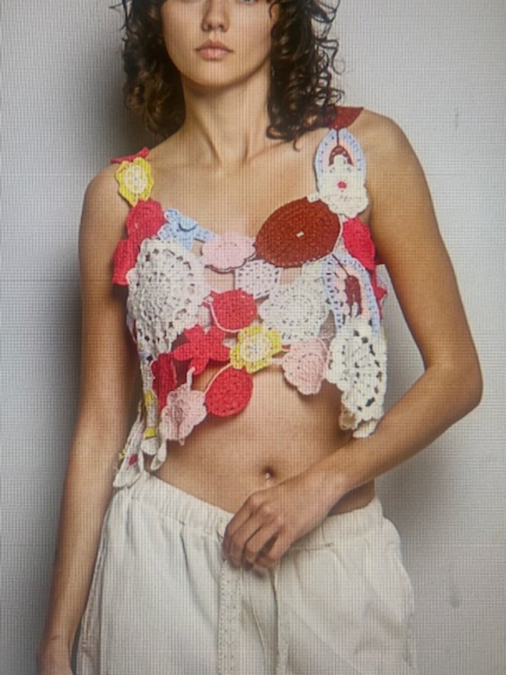 POL Ivory Pink Hand Made Crochet Motif Weaved Heart Neck Cropped Knit Top NEW